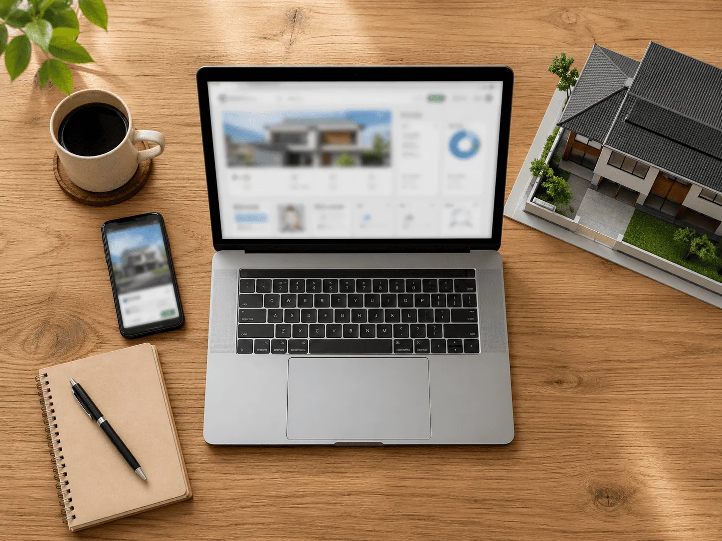 Workspace agen properti dengan laptop menampilkan dashboard listing GroAgen