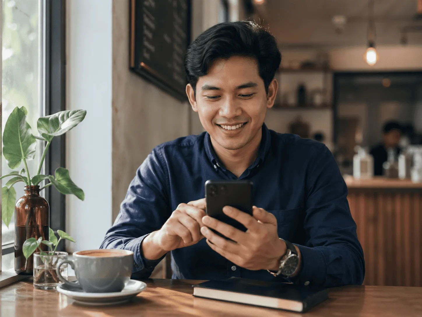 Agen properti pemula mendaftar GroAgen dari smartphone di kafe
