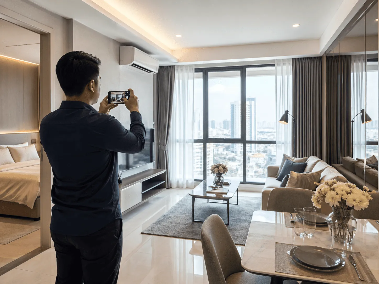 Agen properti memotret interior apartemen modern untuk listing GroAgen