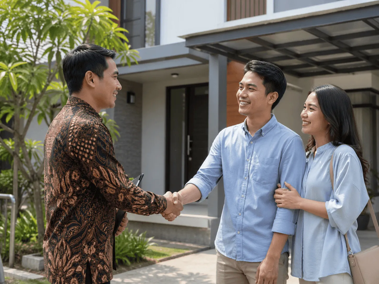 Agen properti berjabat tangan dengan pasangan klien di depan rumah modern